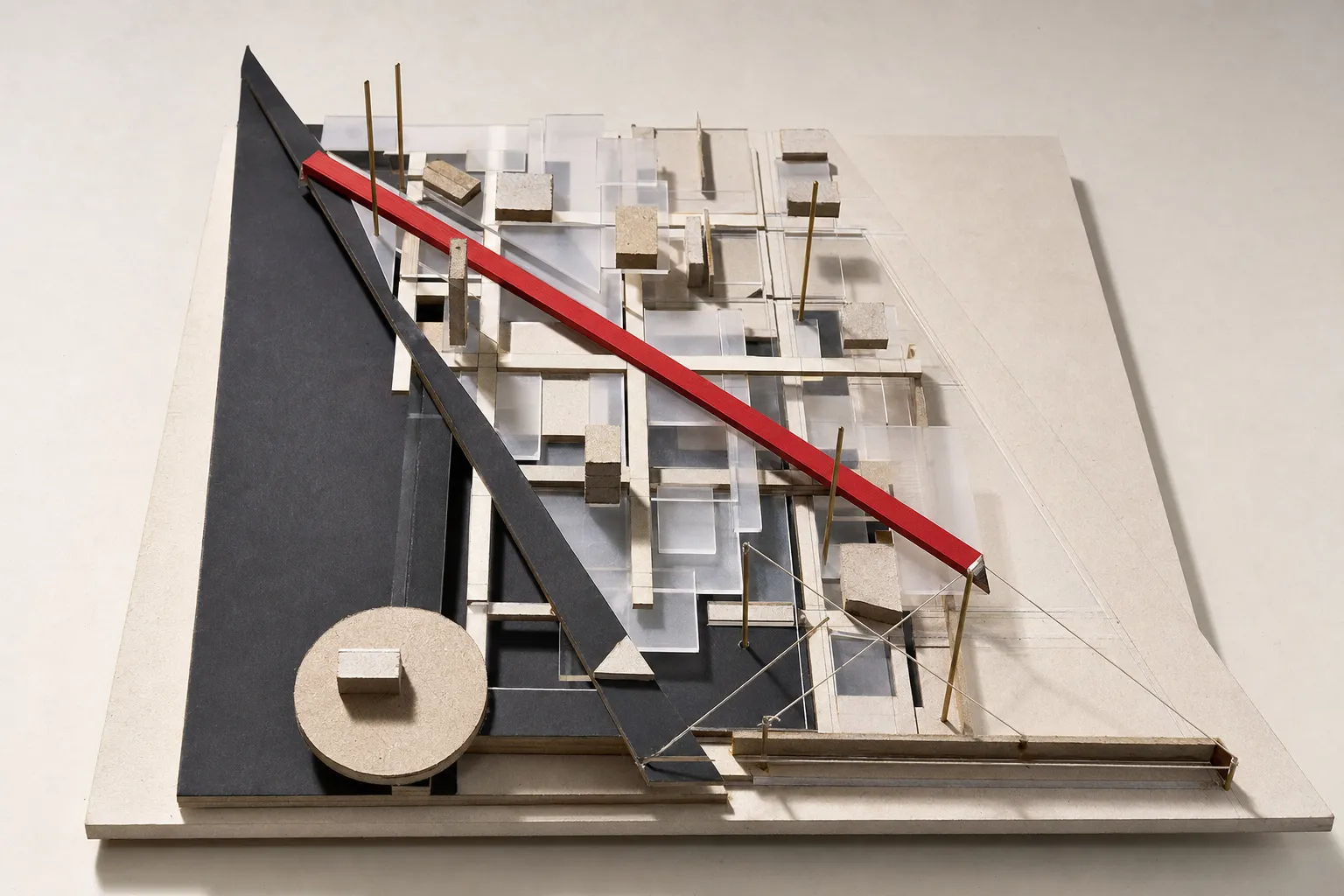 Constructivist architectural study model of a municipal city grid with translucent data planes and a diagonal red accent