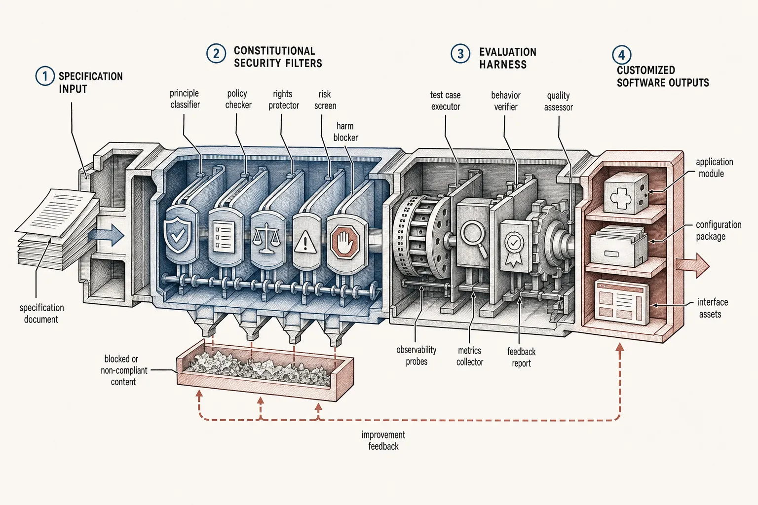 Explainer cutaway diagram of the spec-to-prod pipeline showing constitutional constraints and evaluation harnesses
