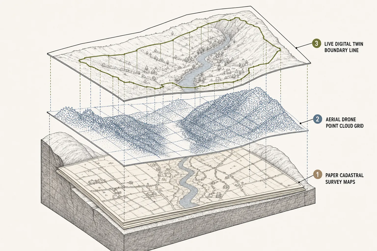 Axonometric cutaway showing three stacked layers of spatial data over a river valley.