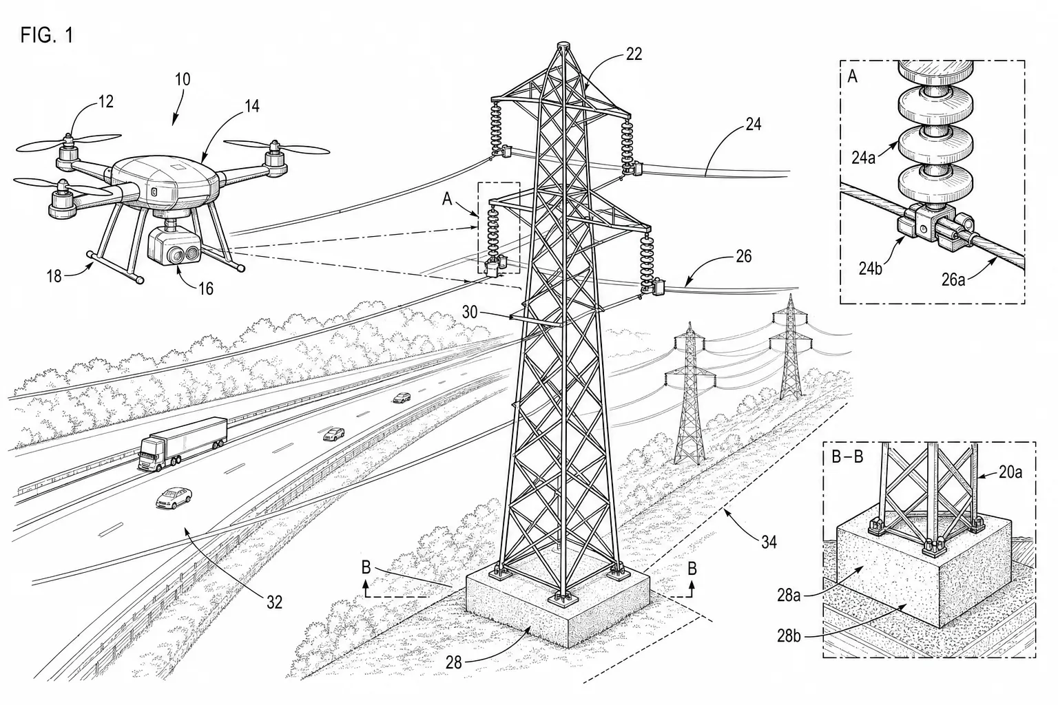 Patent figure drawing of an inspection drone flying along power transmission towers.