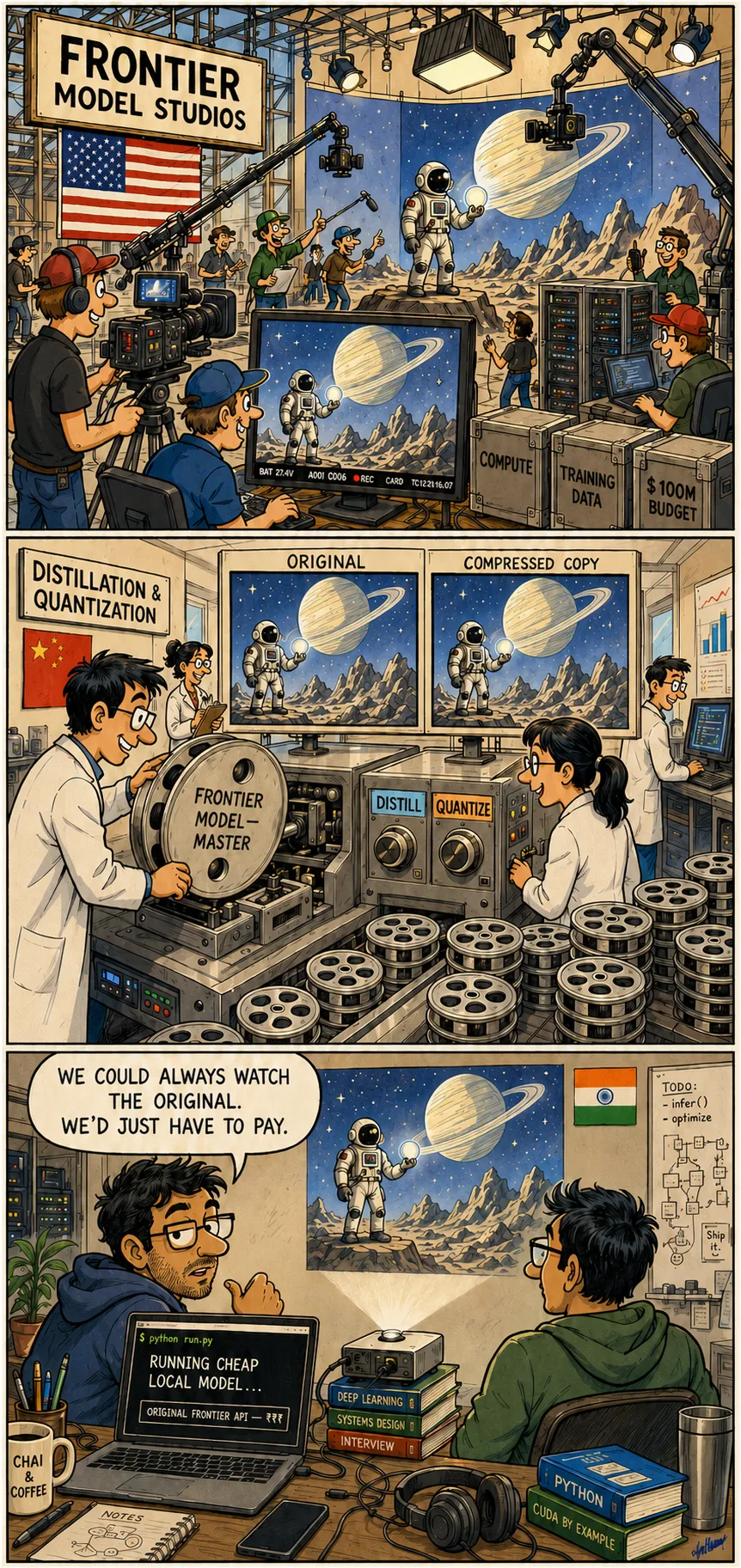 Three-panel comic illustrating the global AI pipeline: high-budget frontier model studios in the US, distillation and quantization labs in China, and local inference running on a projector in India.