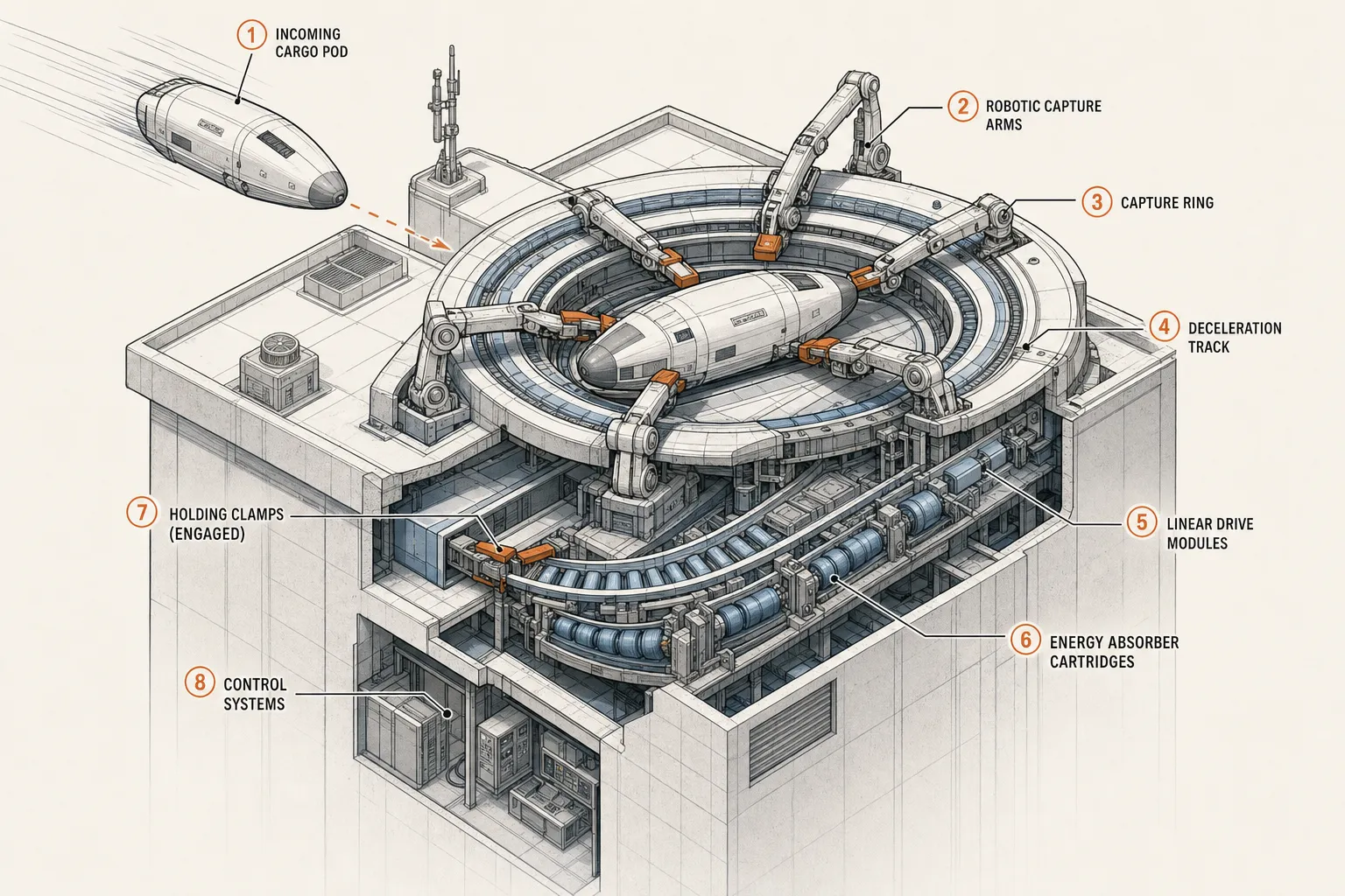 Isometric explainer cutaway diagram of an automated robotic capture ring arresting an incoming cargo pod.
