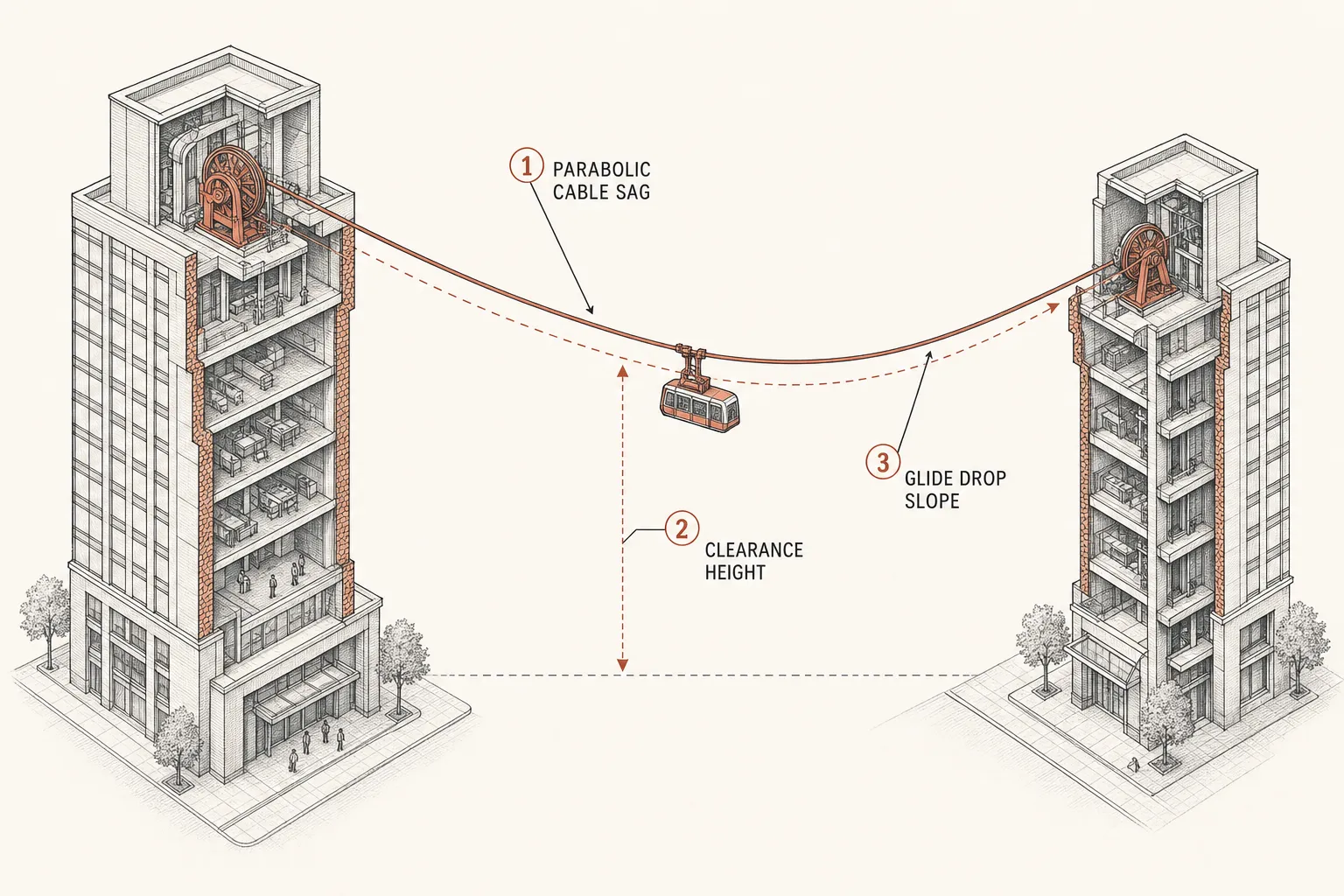 Axonometric cutaway diagram of two high-rise towers connected by a catenary transit wire, annotated with clearance, sag, and glide ratio height components.
