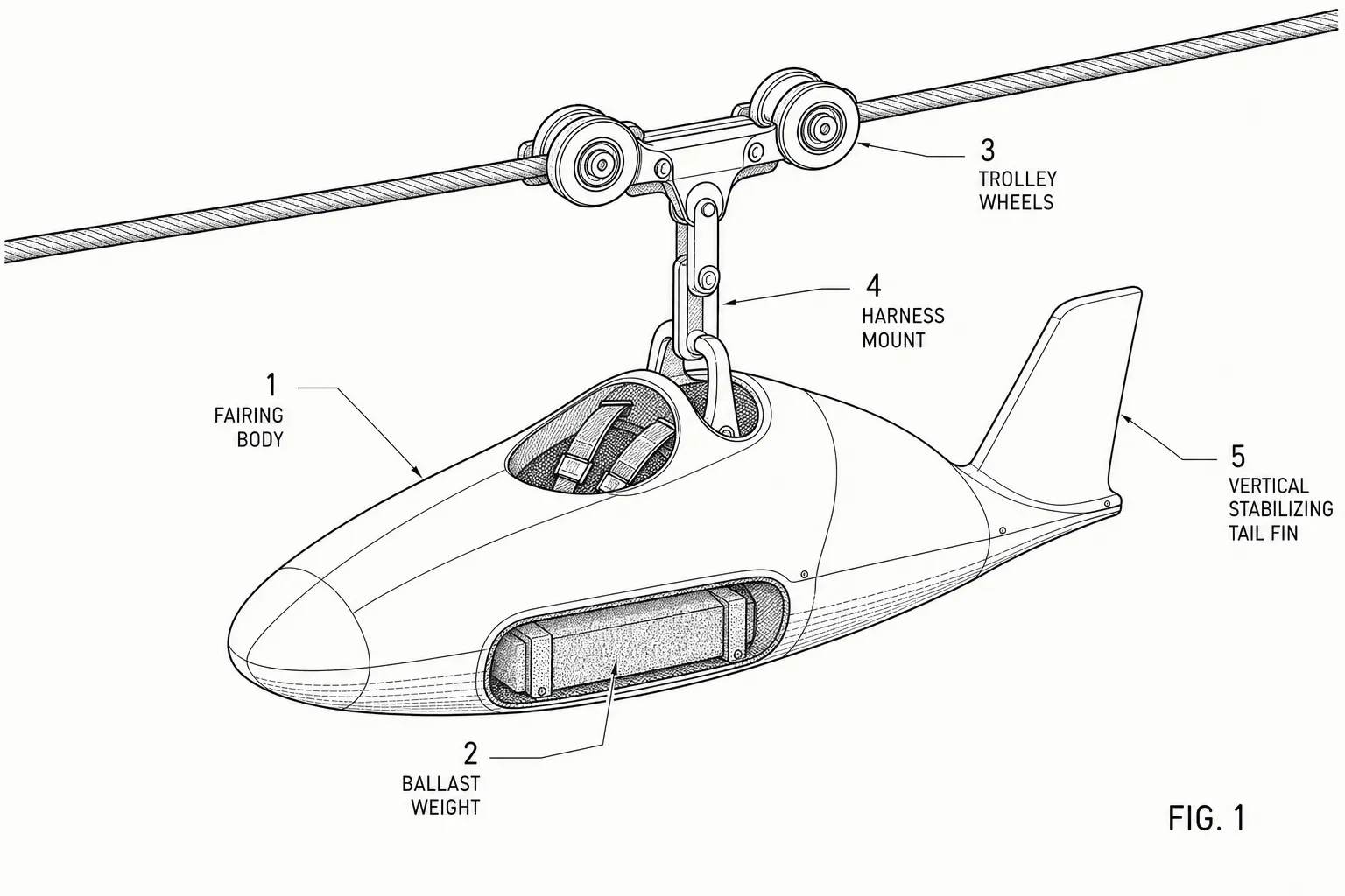 Patent style engineering schematic of a ballasted rider trolley shell with tail fin and trolley assembly.