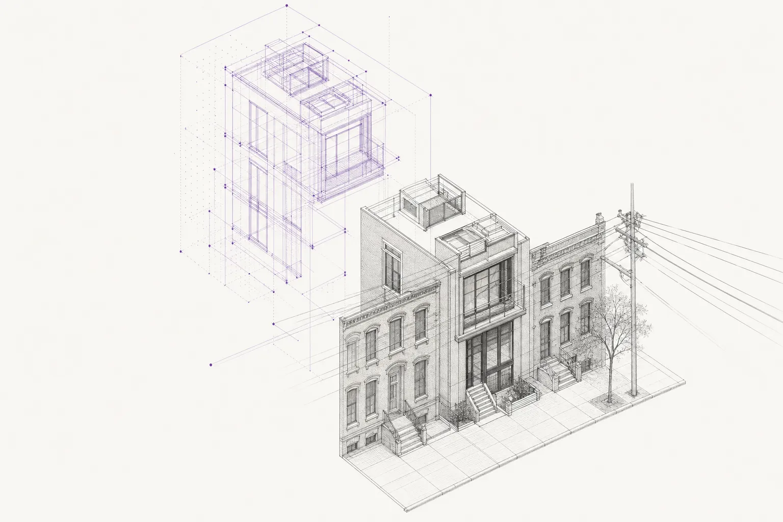 Isometric drawing comparing an isolated digital 3D elevation render to a real plot on a dense urban street.