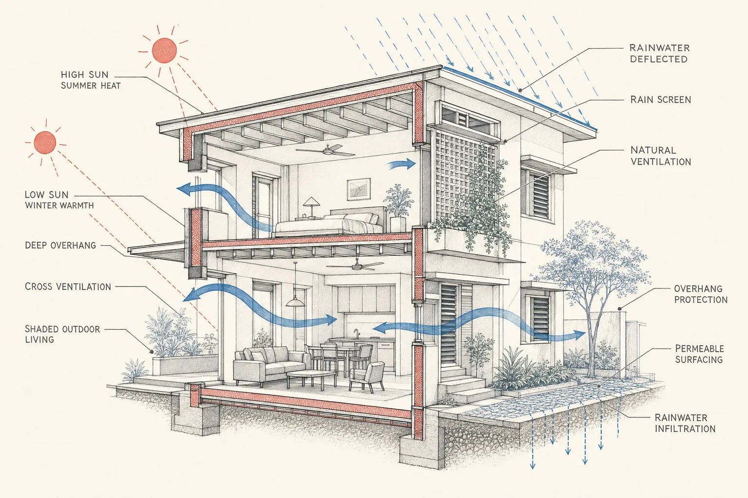 Architectural cutaway diagram showing physical site forces like sun exposure and rain trajectory.