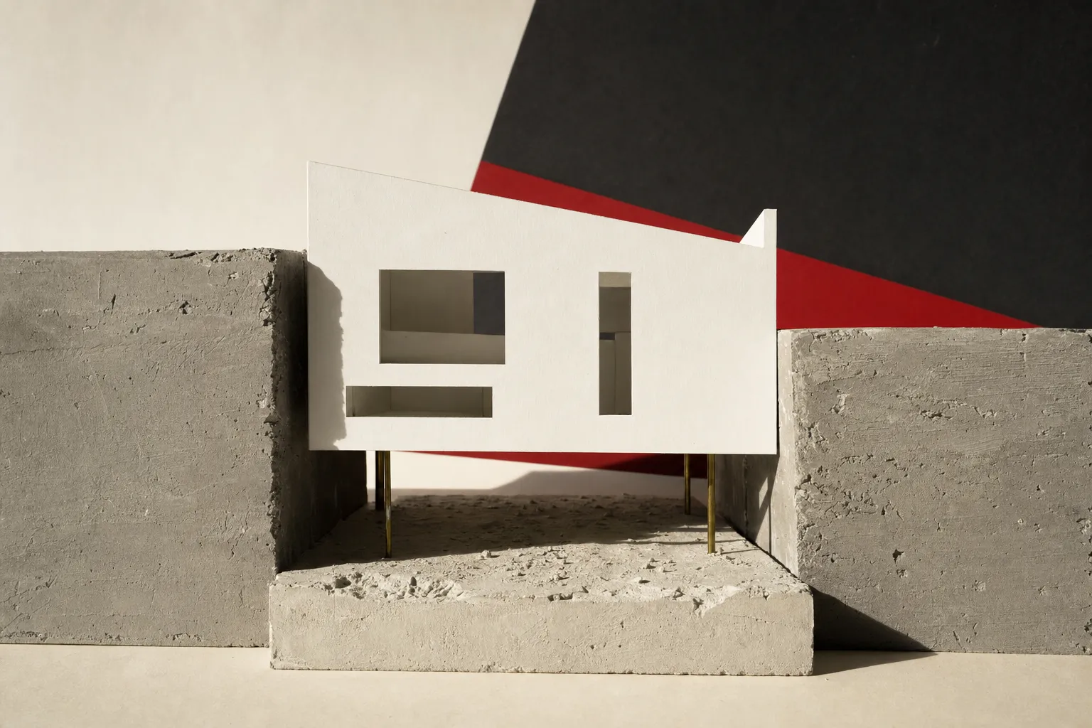 A architectural study model featuring a neat white paper house facade raised on metal rods above a rough grey plaster street plot flanked by heavy plaster neighbour blocks.