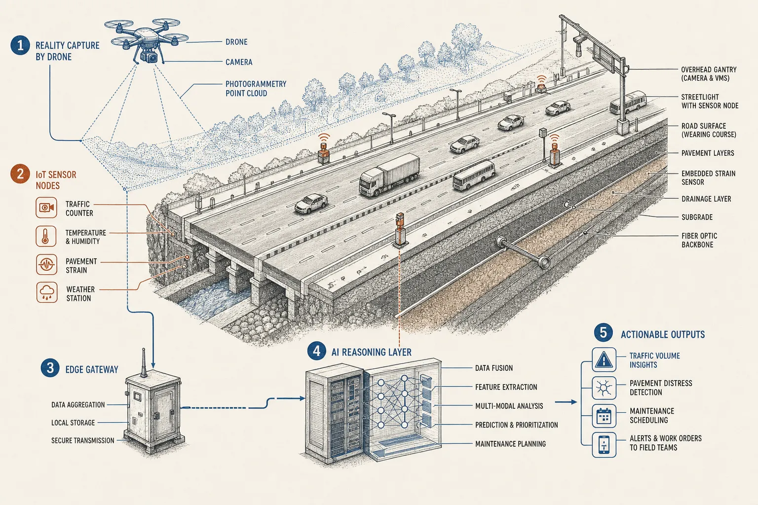 Axonometric cutaway diagram of an Indian highway corridor with drone reality capture overlays and AI decision layers