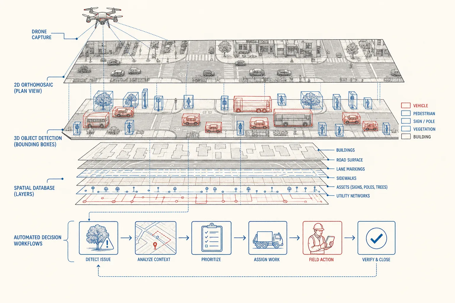 Explainer cutaway diagram of drone orthomosaic imagery turning into 3D spatial database layers and object bounding boxes