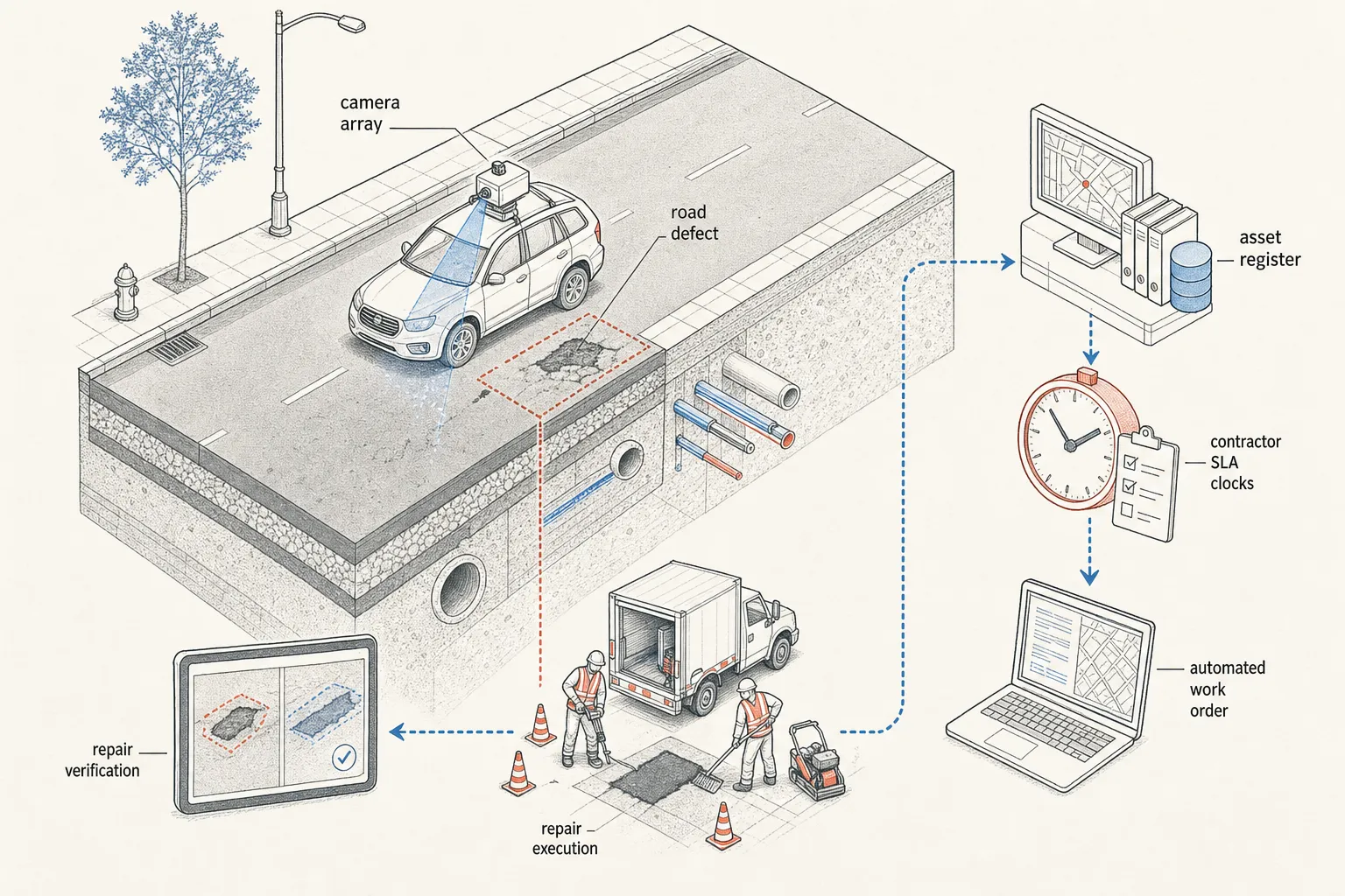 Explainer cutaway showing automated pothole detection, asset register lookup, contractor SLA tracking, and work order dispatch