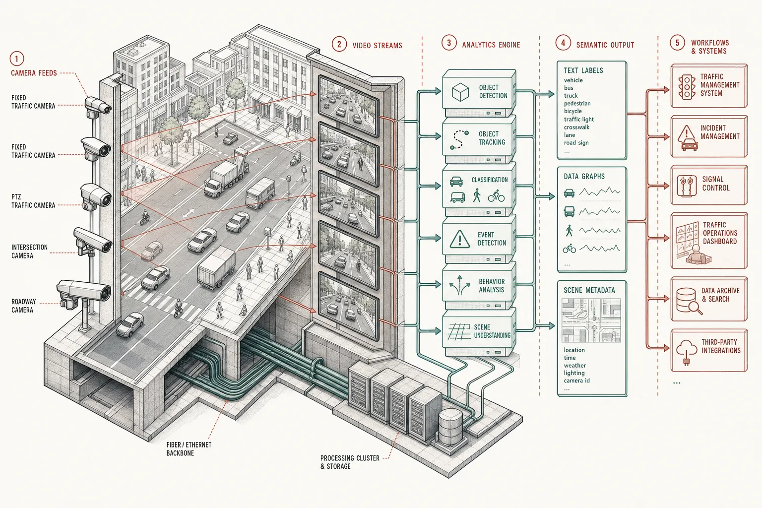 Axonometric cutaway diagram of an urban road corridor showing continuous camera video feeds on the left transforming into semantic text labels, data graphs, and workflow nodes on the right