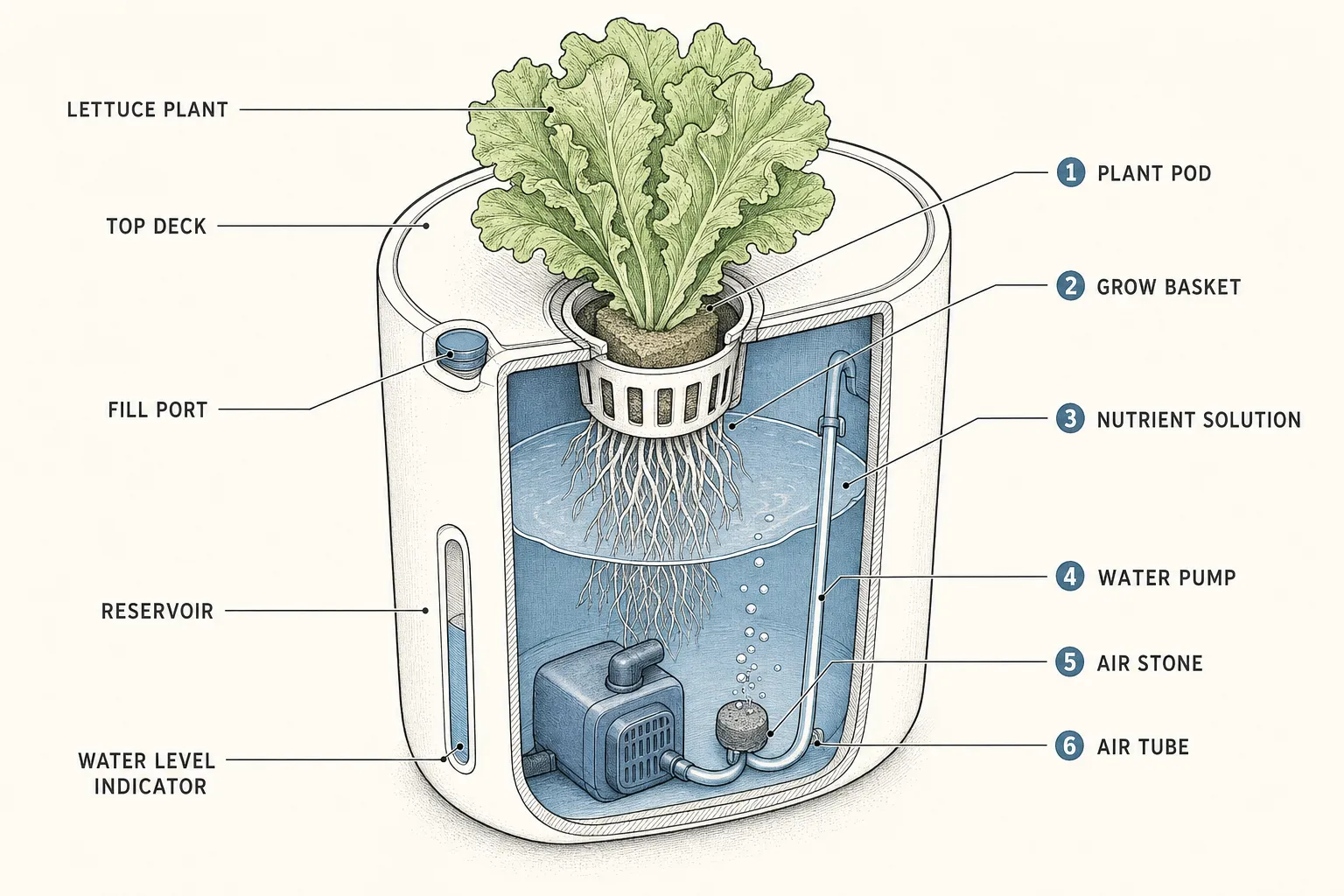 Axonometric cutaway diagram of a countertop plant pod receptacle and hydroponic unit holding a living lettuce plant.
