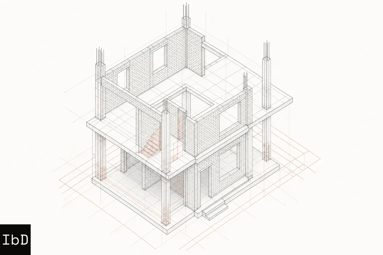 Isometric architectural model of a modest two-story brick and concrete residential structure.