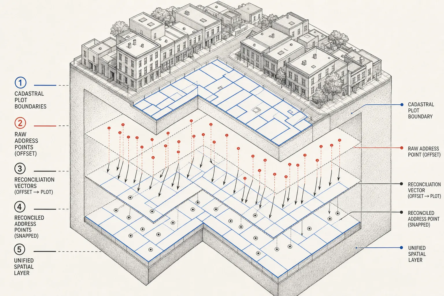 An annotated axonometric cutaway of a dense urban neighborhood showing conflicting data layers and reconciliation vectors.