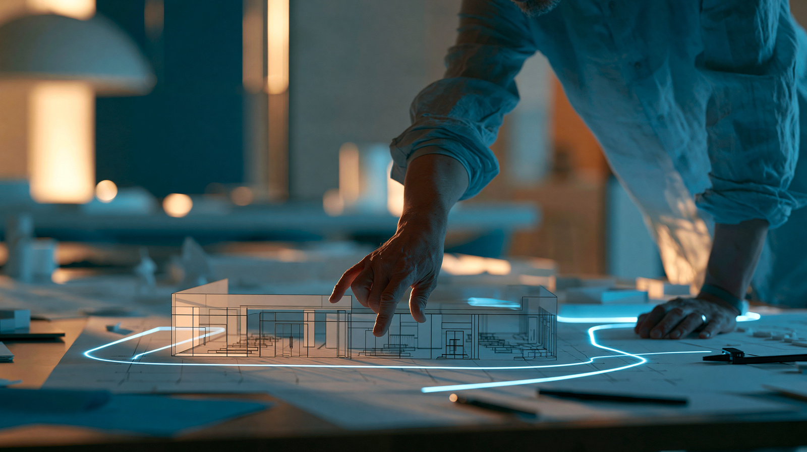 A hand reaching into a wireframe architectural model of a retail floor plan, a glowing path traced through it