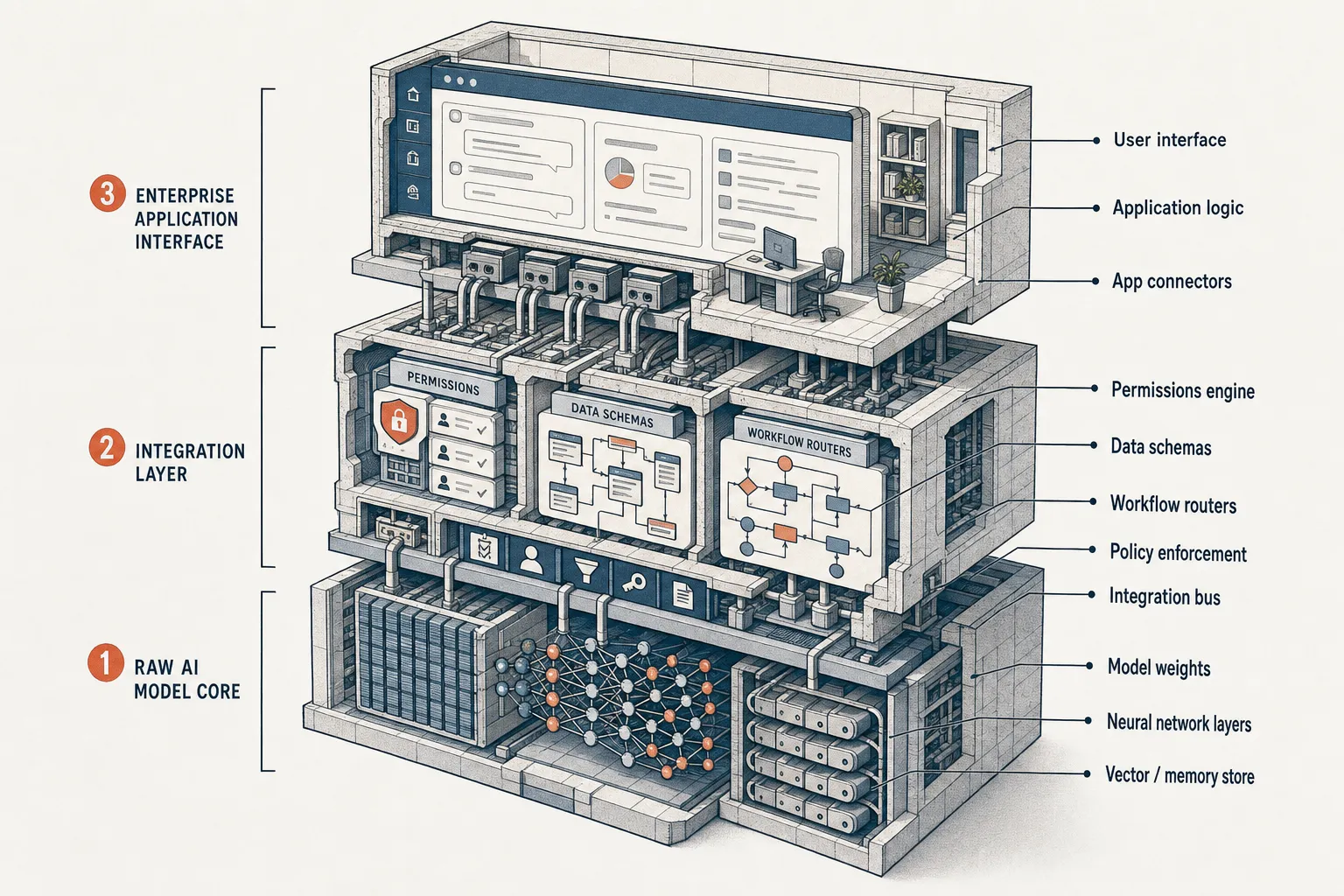 Cutaway diagram showing the three-tier system of foundation models, enterprise integration, and application interfaces