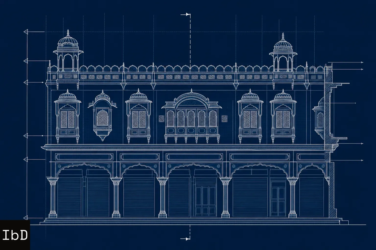Architectural blueprint drawing of a traditional Jaipur bazaar facade featuring ground-floor shop arcades and upper-level jharokha balconies.