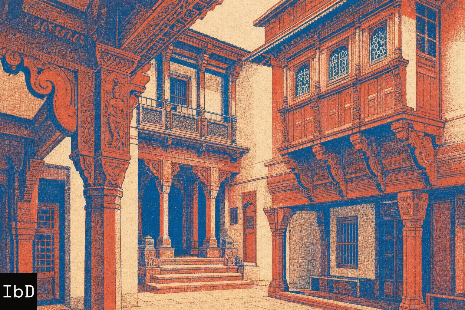 Risograph illustration of an Ahmedabad residential pol house showing detailed wood carvings and multi-story structural timber framework.