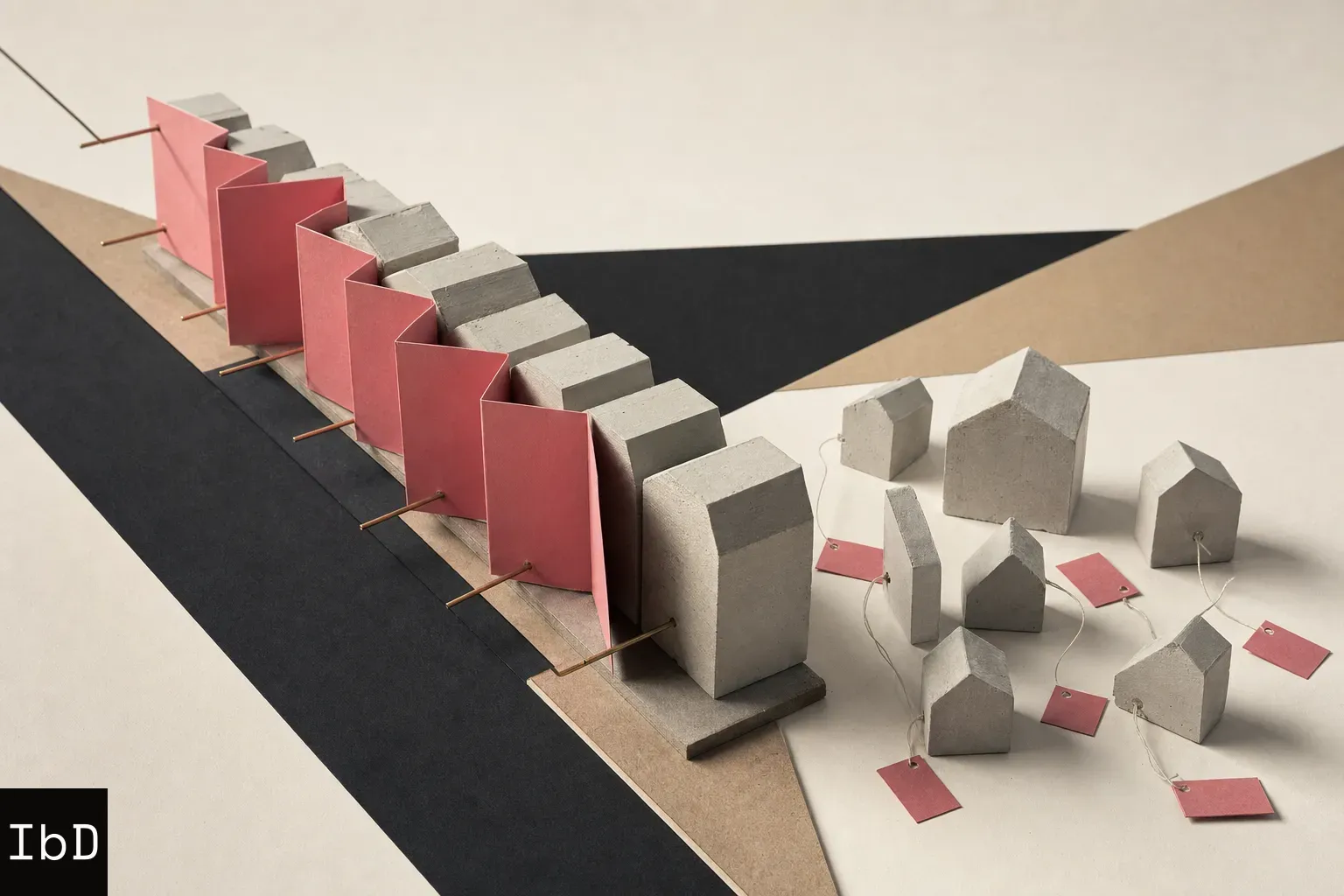 An architectural study model featuring a row of plaster blocks tightly bound by a continuous pink folded card facade pinned with brass rods, alongside scattered individual plaster blocks with unattached paper tags.