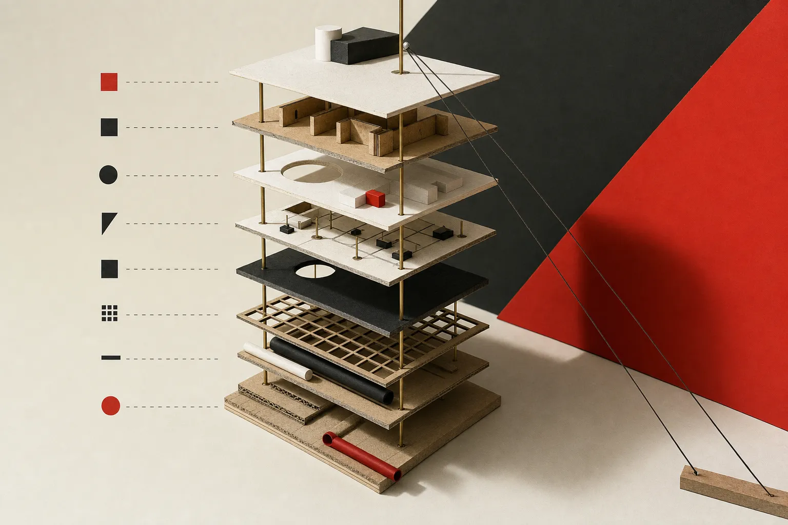 Exploded study model showing eight vertical layers of spatial affordance under evaluation pressure