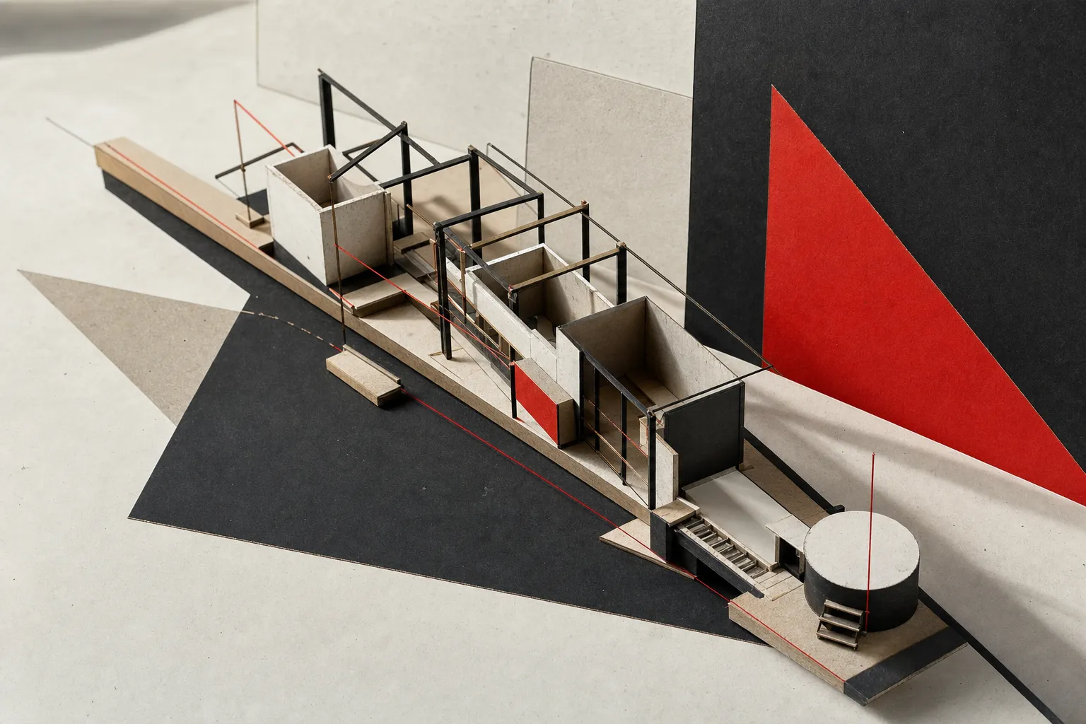 Architectural study model showing modular spatial blocks and structural frames assembled on a grid with red constraint lines