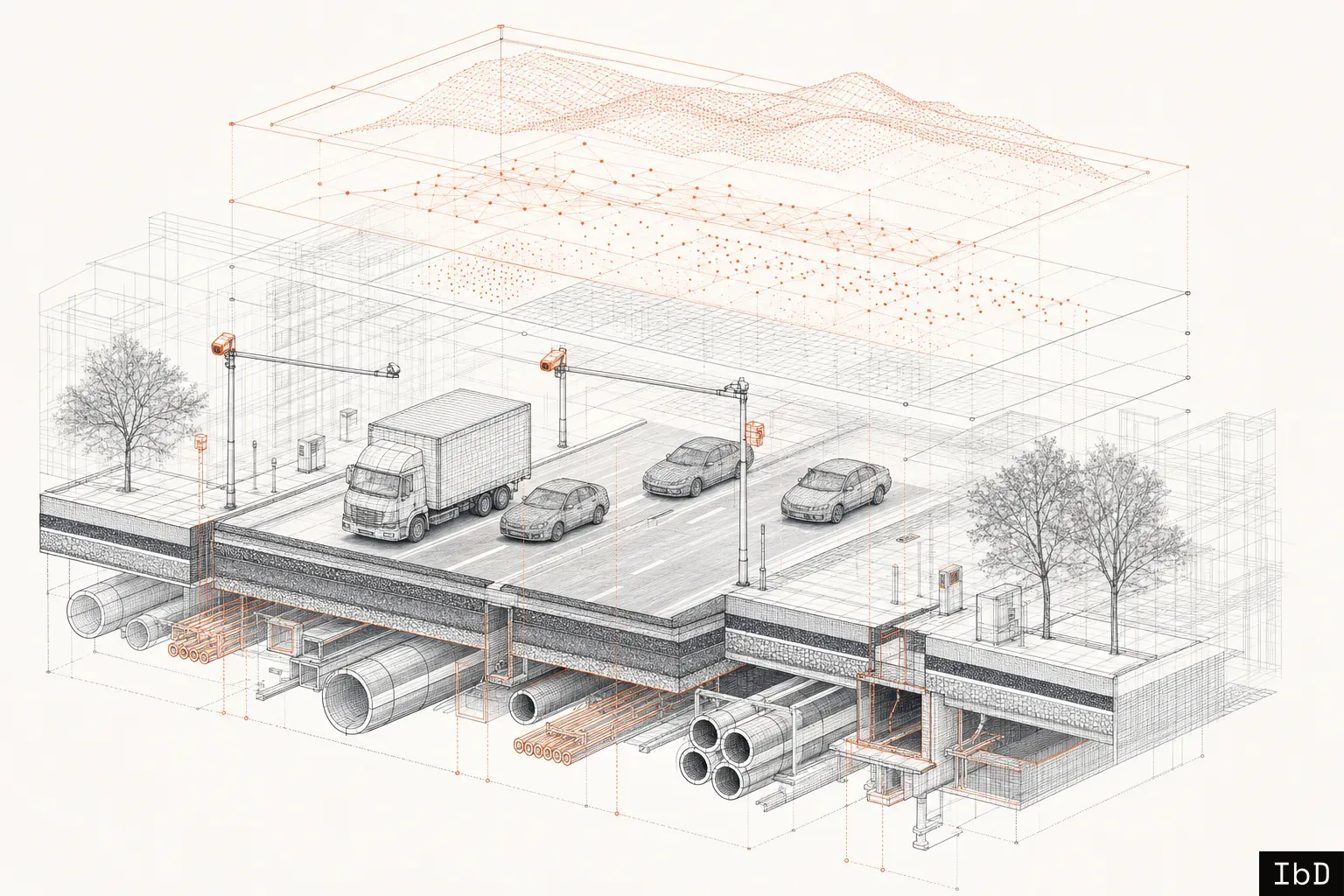 An isometric cutaway visual of a city street showing physical infrastructure paired with multi-layered digital governance planes.