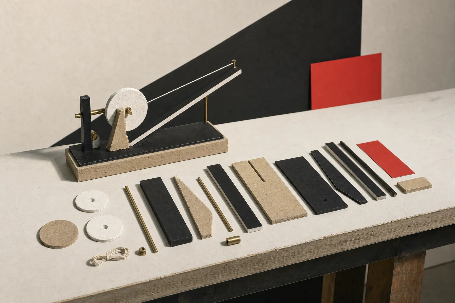A small brass-and-card machine at one end of a workbench, the ordered parts of a half-built second copy laid out along the rest.