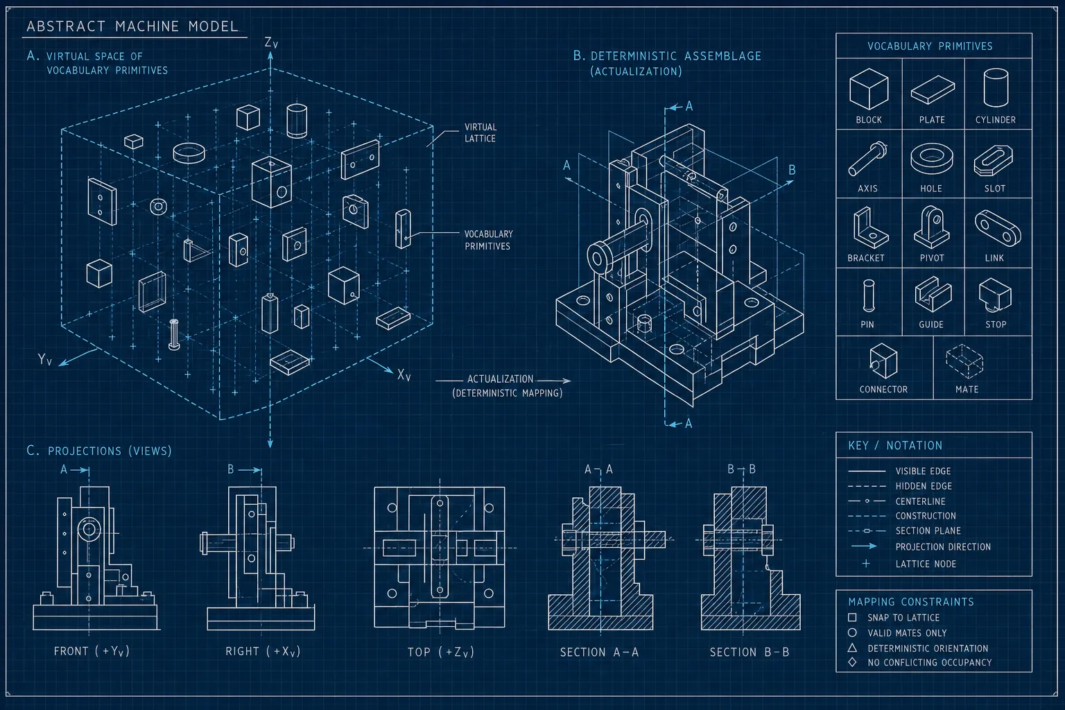 Technical blueprint diagram illustrating the abstract machine model: a virtual space of vocabulary primitives actualizing deterministic assemblages.