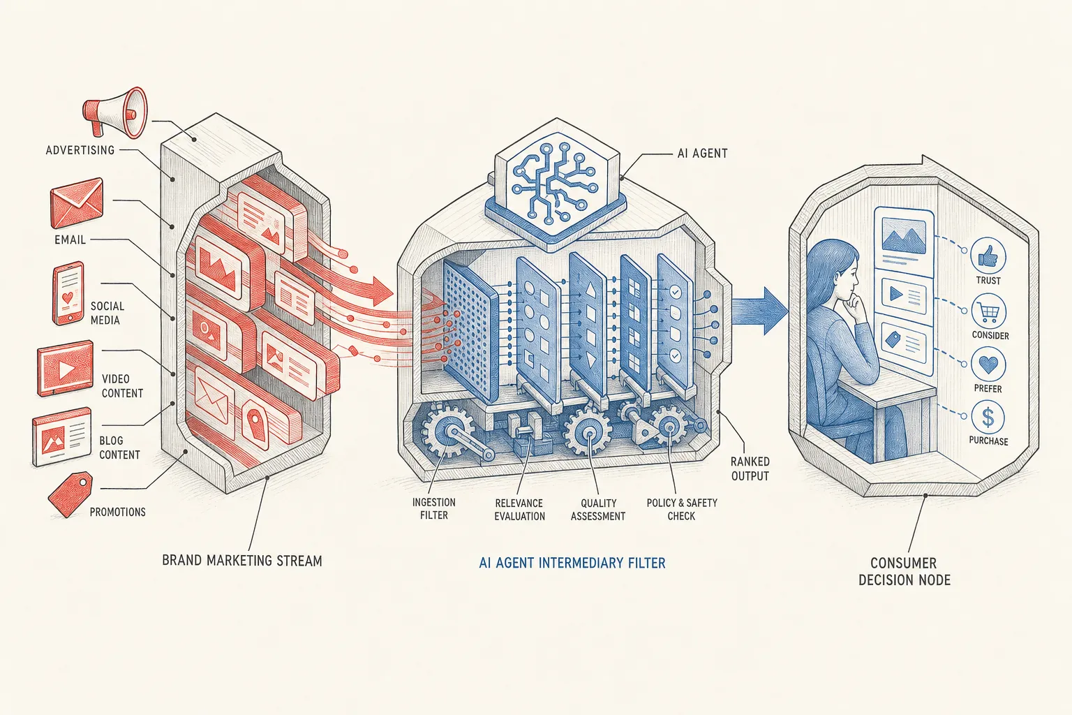 Axonometric cutaway diagram showing a brand stream filtered through an AI agent intermediary into structured feature legibility.