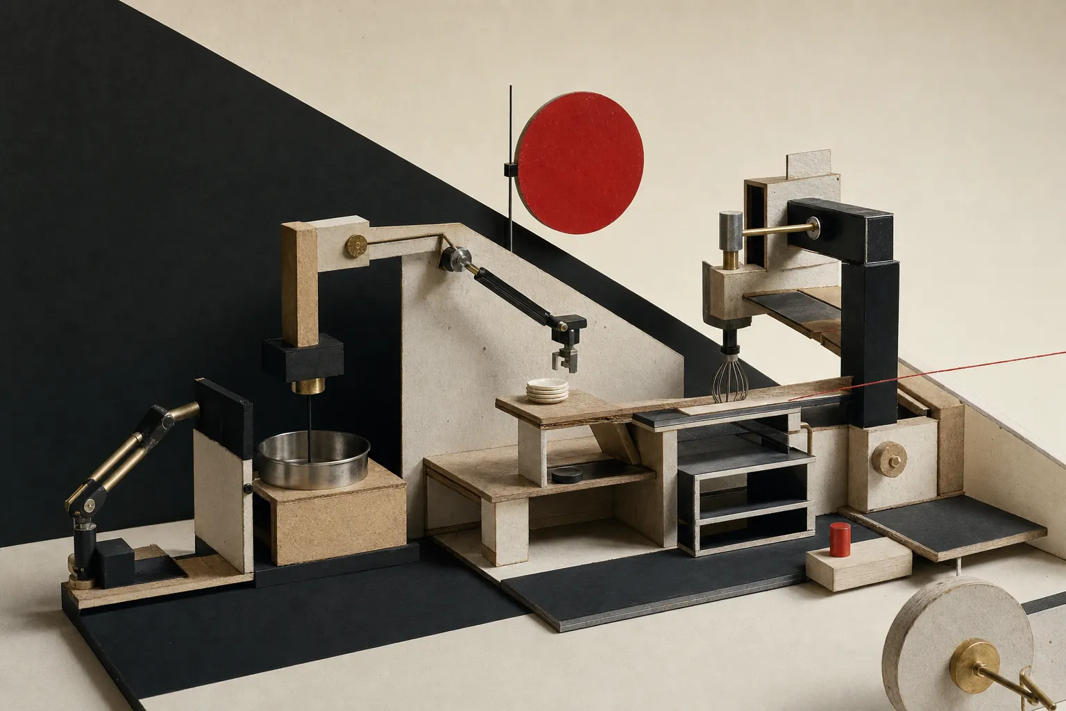 A physical AI and robotics hardware concept represented in a constructivist style model for small business automation