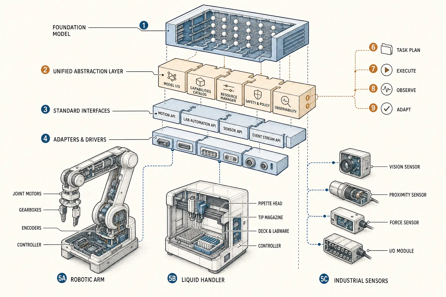 Exploded axonometric diagram showing a unified software abstraction layer connecting an AI agent to diverse hardware devices.