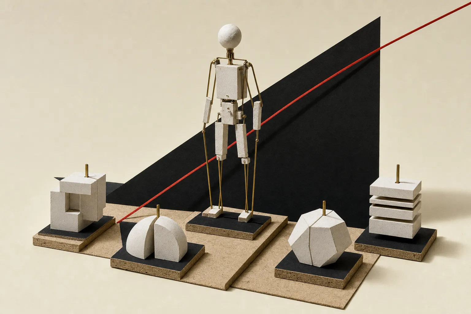 Constructivist model showing a physical robot body surrounded by interchangeable modular brain blocks.