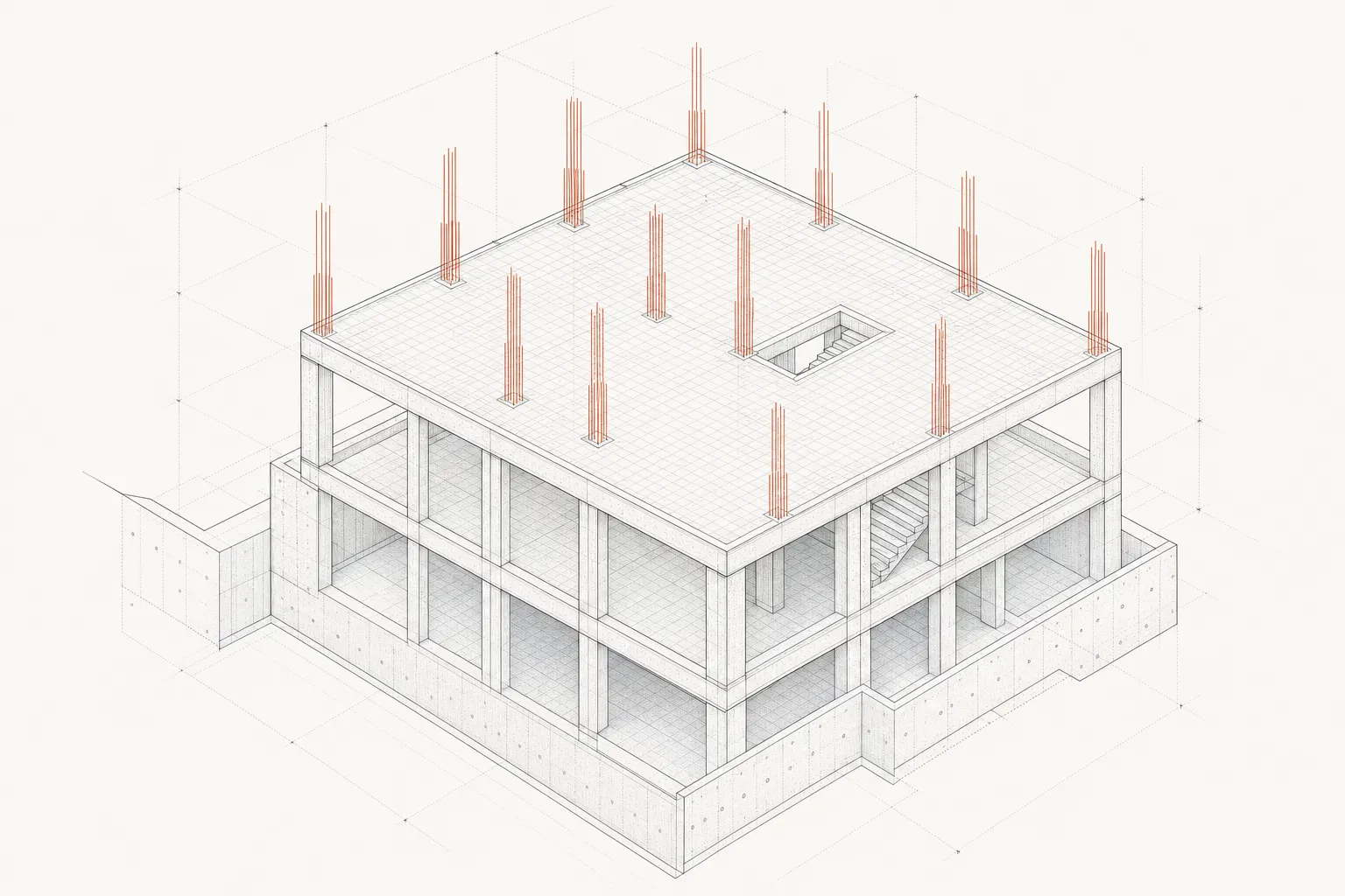 Isometric diagram showing a concrete frame home with exposed rebar extending above the top roof slab.