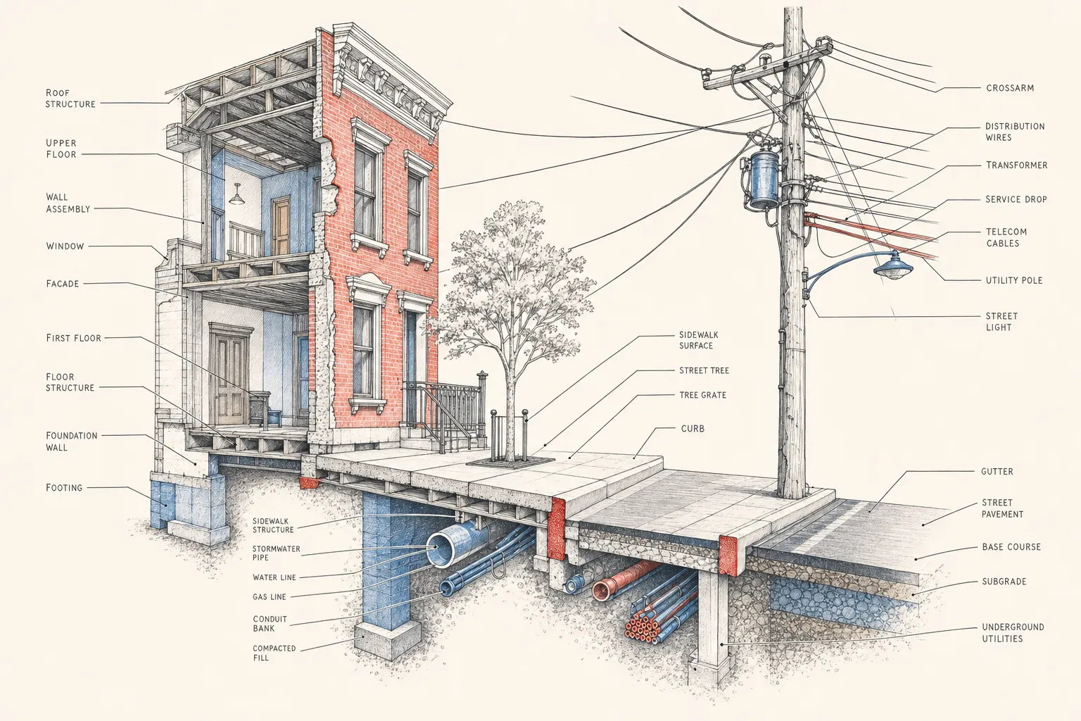 Exploded cutaway visual of a street corridor illustrating fragmented ownership across facades, footpaths, overhead lines, and road space.