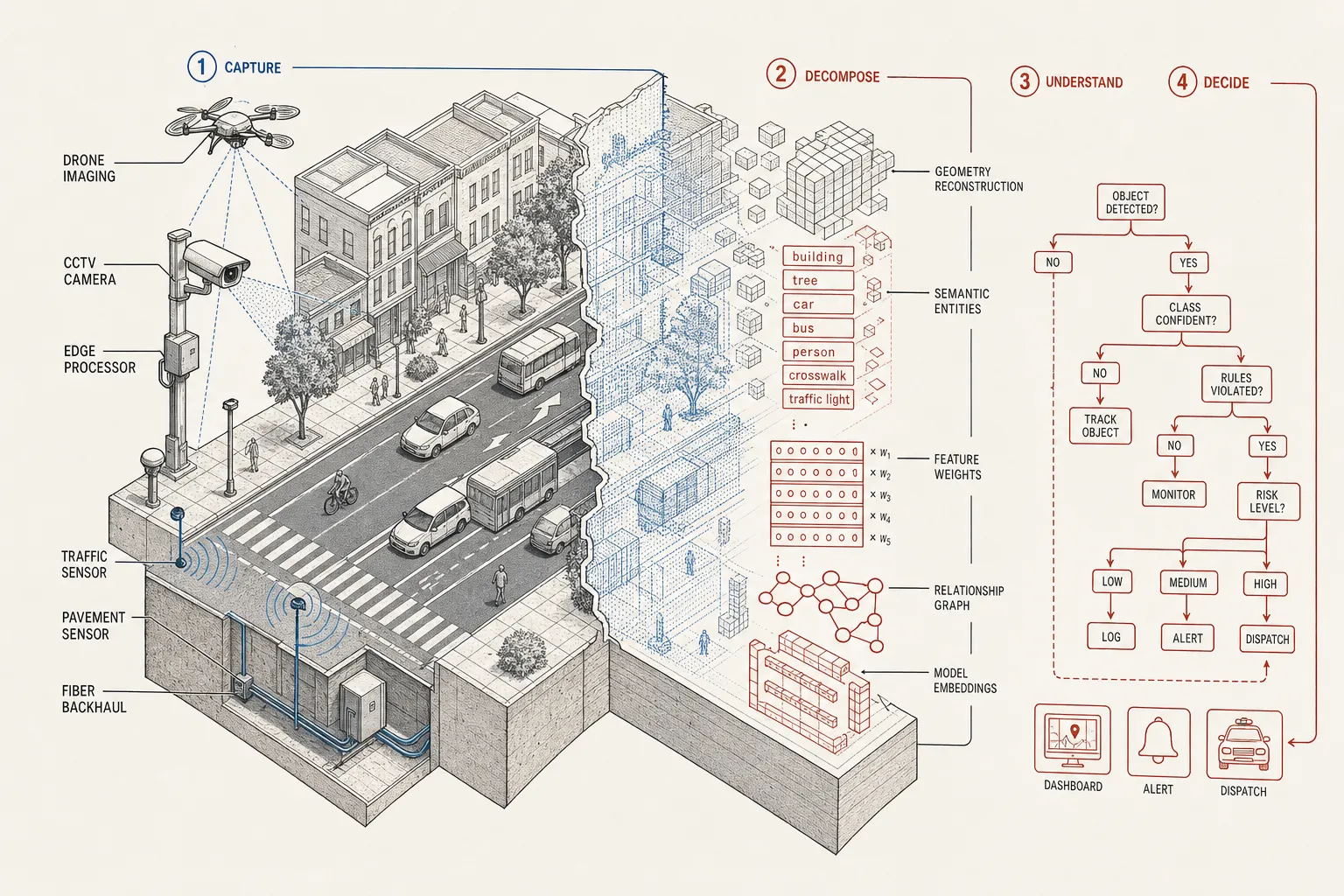 Axonometric cutaway diagram showing municipal cameras and sensors capturing urban geometry on the left, transforming into semantic text nodes, formula weights, and legible decision trees on the right.