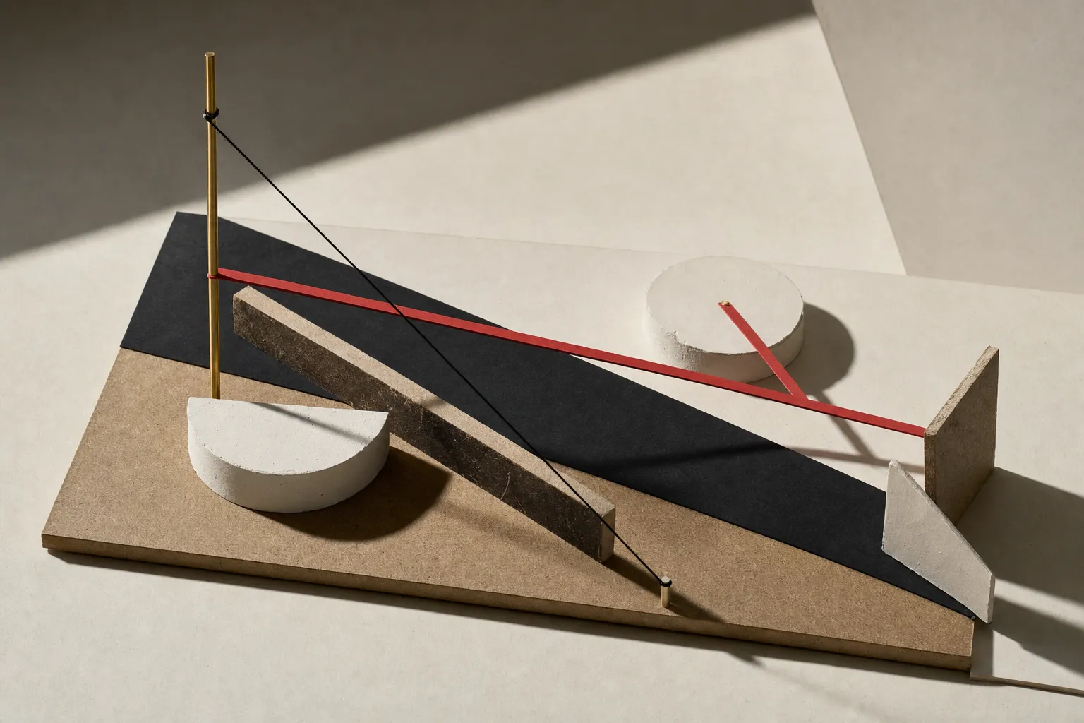 Constructivist model of a hospitality journey timeline in card and plaster with a bold red accent.