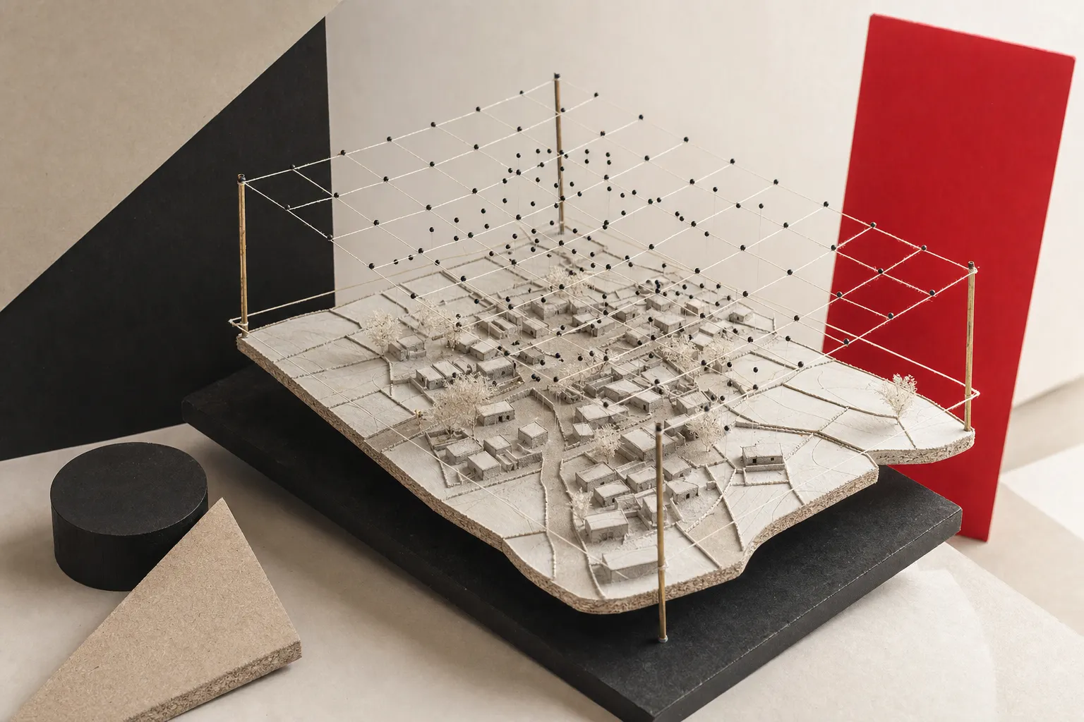 A dual-layer isometric study model of a rural Indian village settlement with parametric grid and point cloud overlays