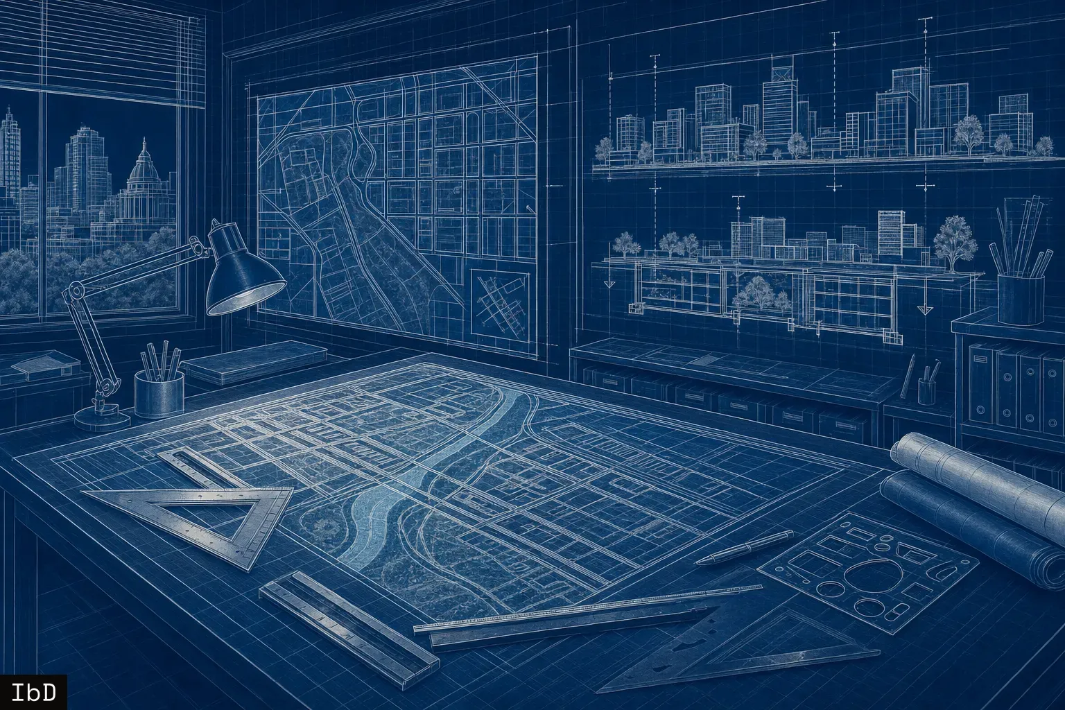 Blueprint schematic showing urban planning drafting tables and street elevation drawings.
