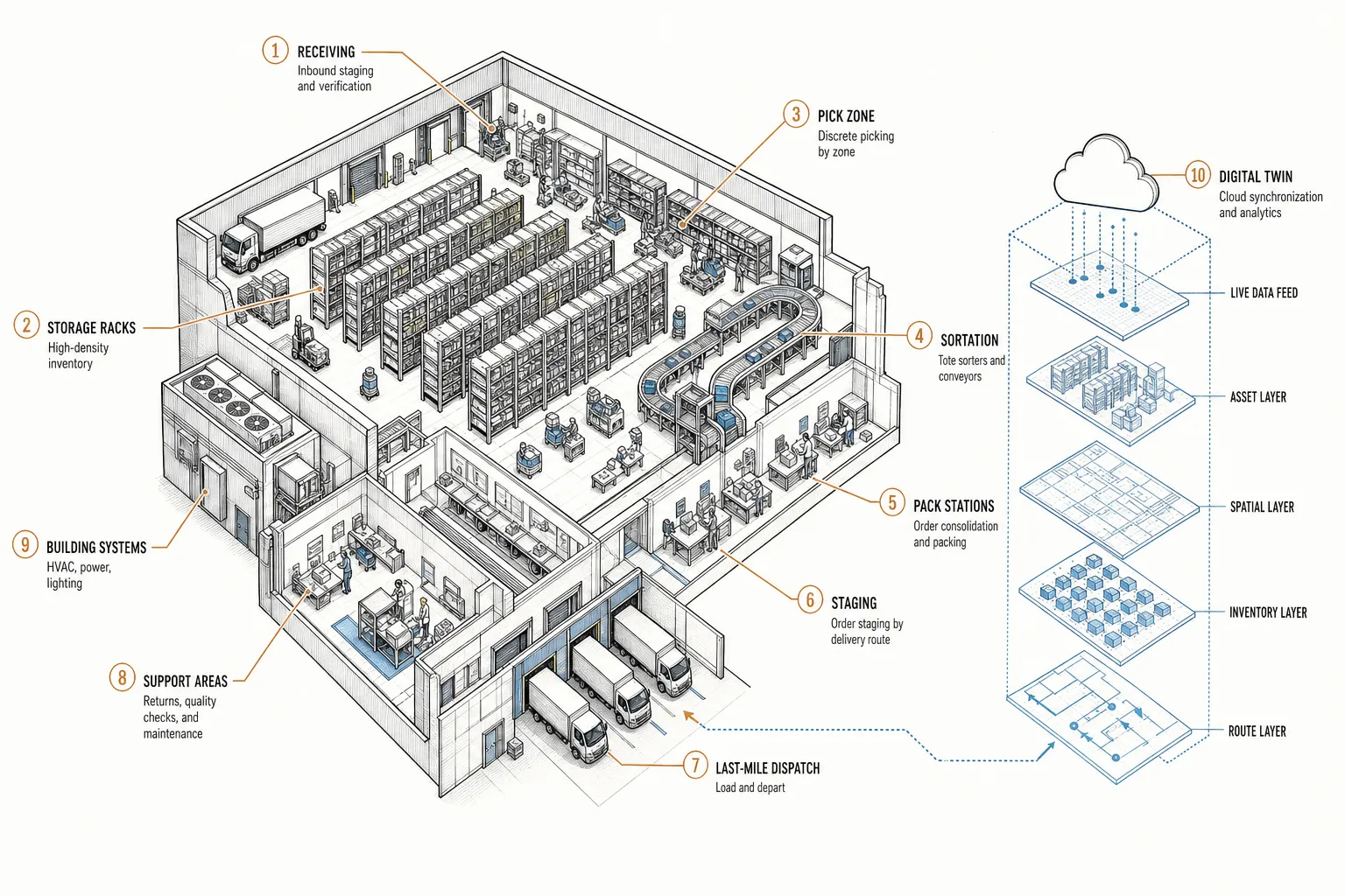 Axonometric cutaway of a retail dark-store digital twin