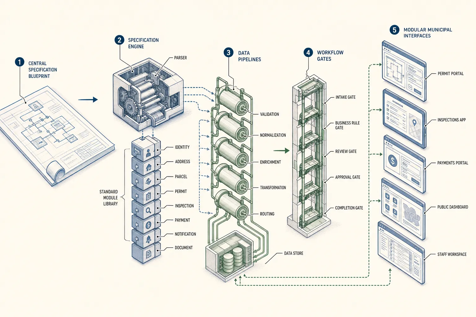 An axonometric diagram showing a single central specification blueprint generating multiple modular software interfaces.