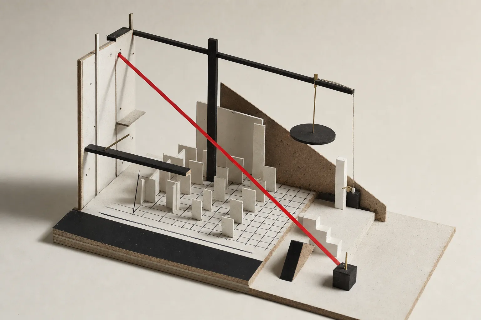 Constructivist study model of an architectural evaluation grid and precision balance scale built from layered white card, plaster, and a single red accent rod.