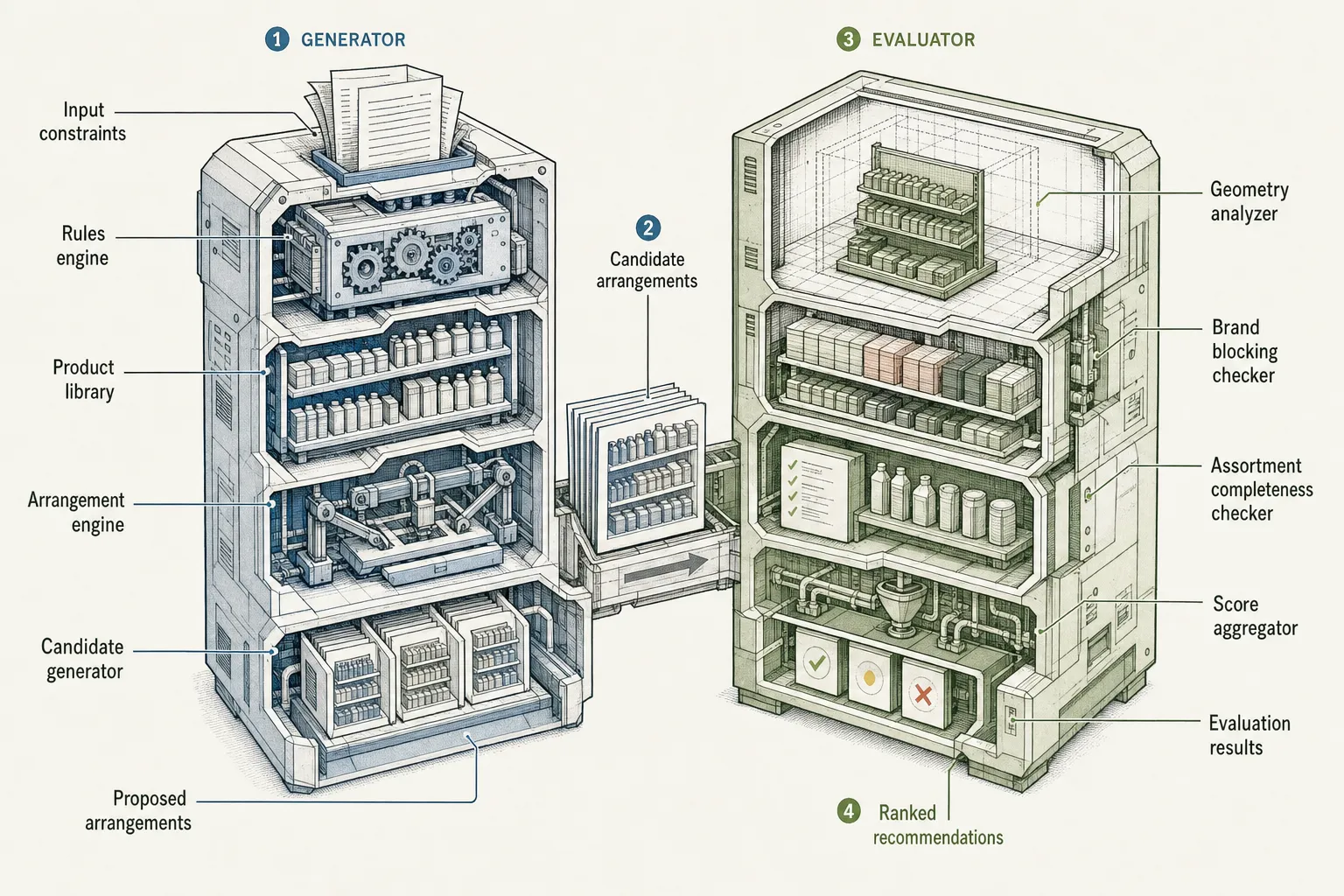 Axonometric cutaway diagram showing dual-stage software architecture: generator proposing shelf arrangements on the left, independent evaluator testing constraints on the right.
