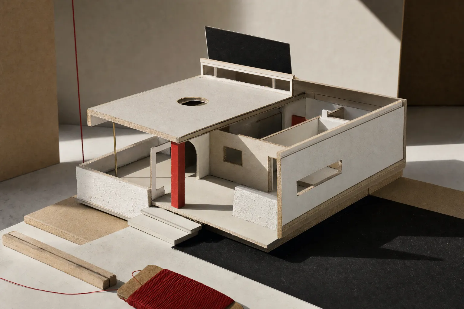 A constructivist physical study model of a house with clean openings, explicit room partitions, and a red structural column accent.