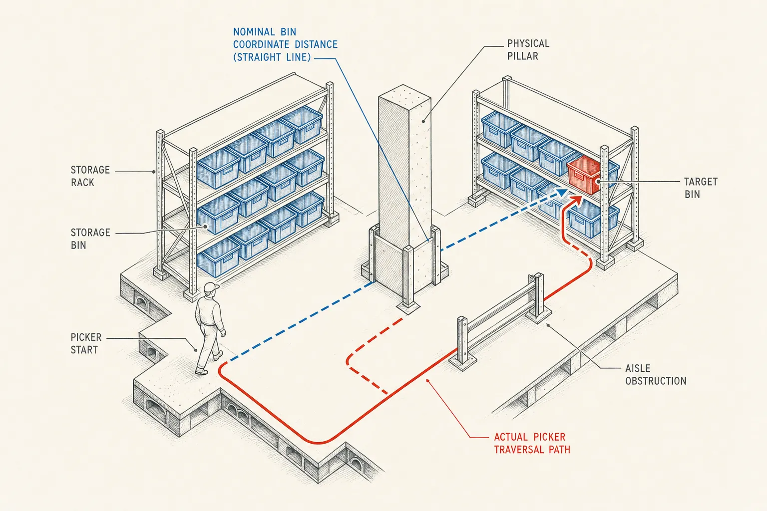 Axonometric cutaway diagram comparing nominal bin distance versus real physical traversal time